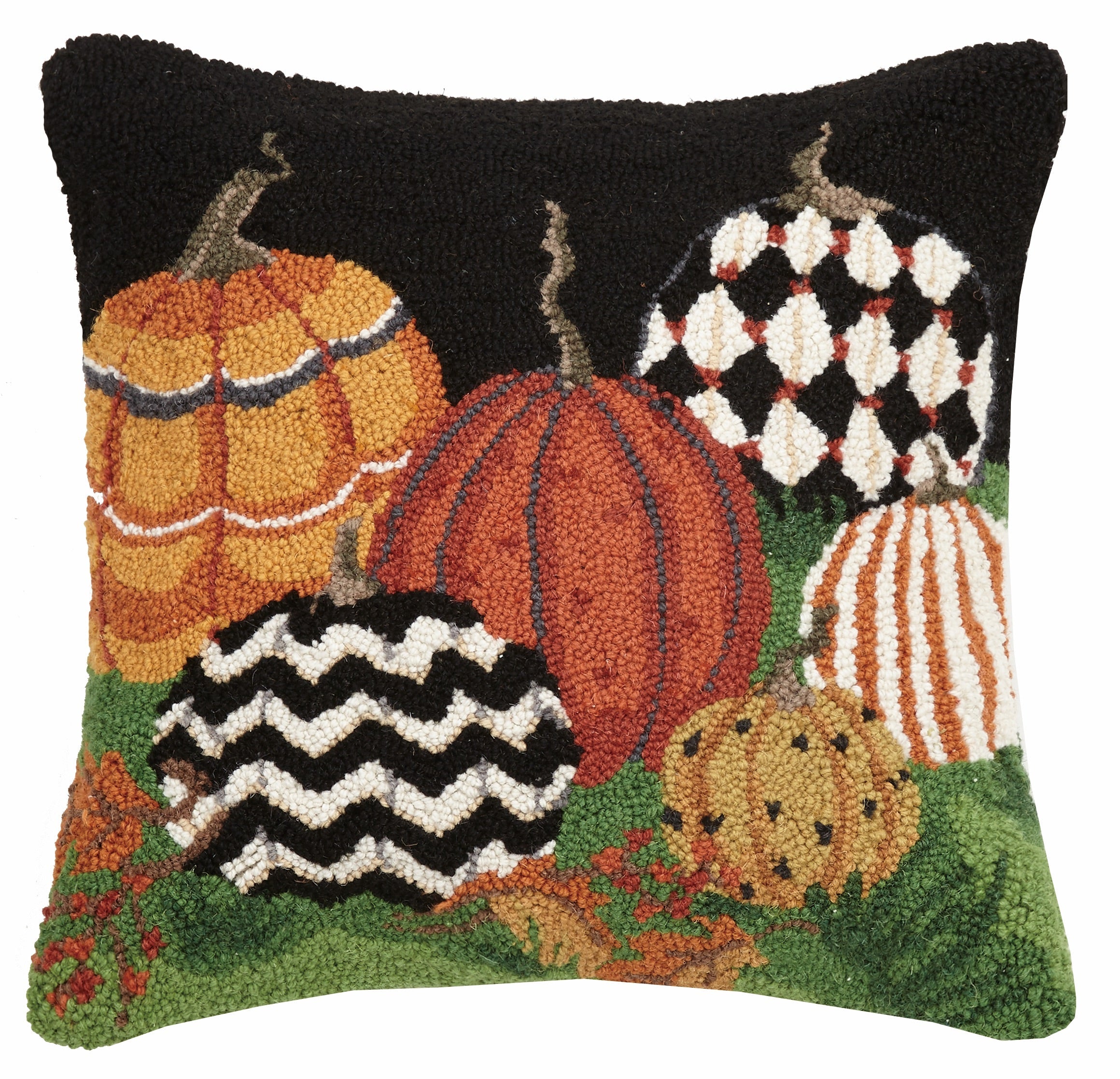 "Patterned Pumpkins Pillow, Hooked Wool"