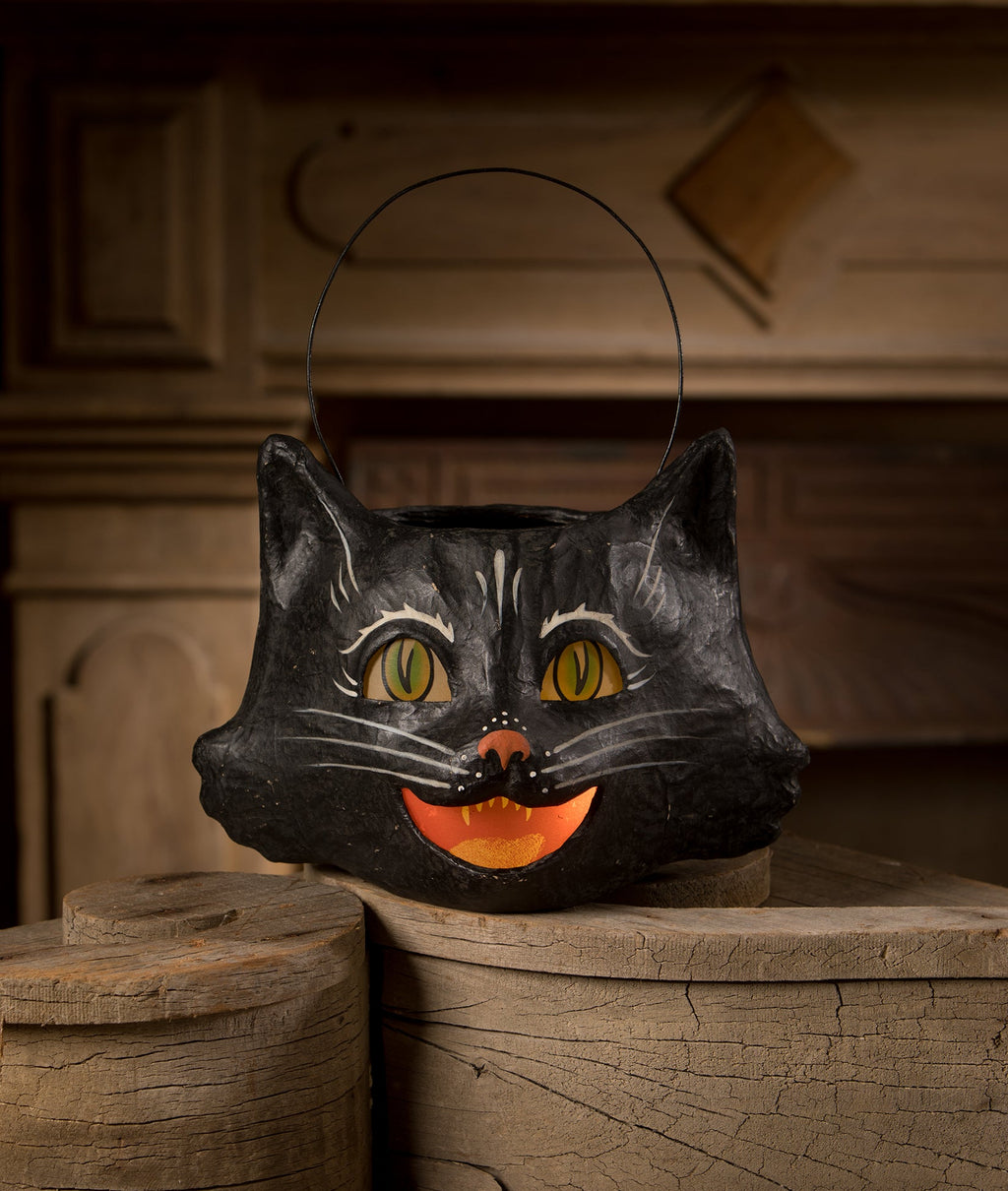 "Amusing Black Cat Bucket, Paper Mache"