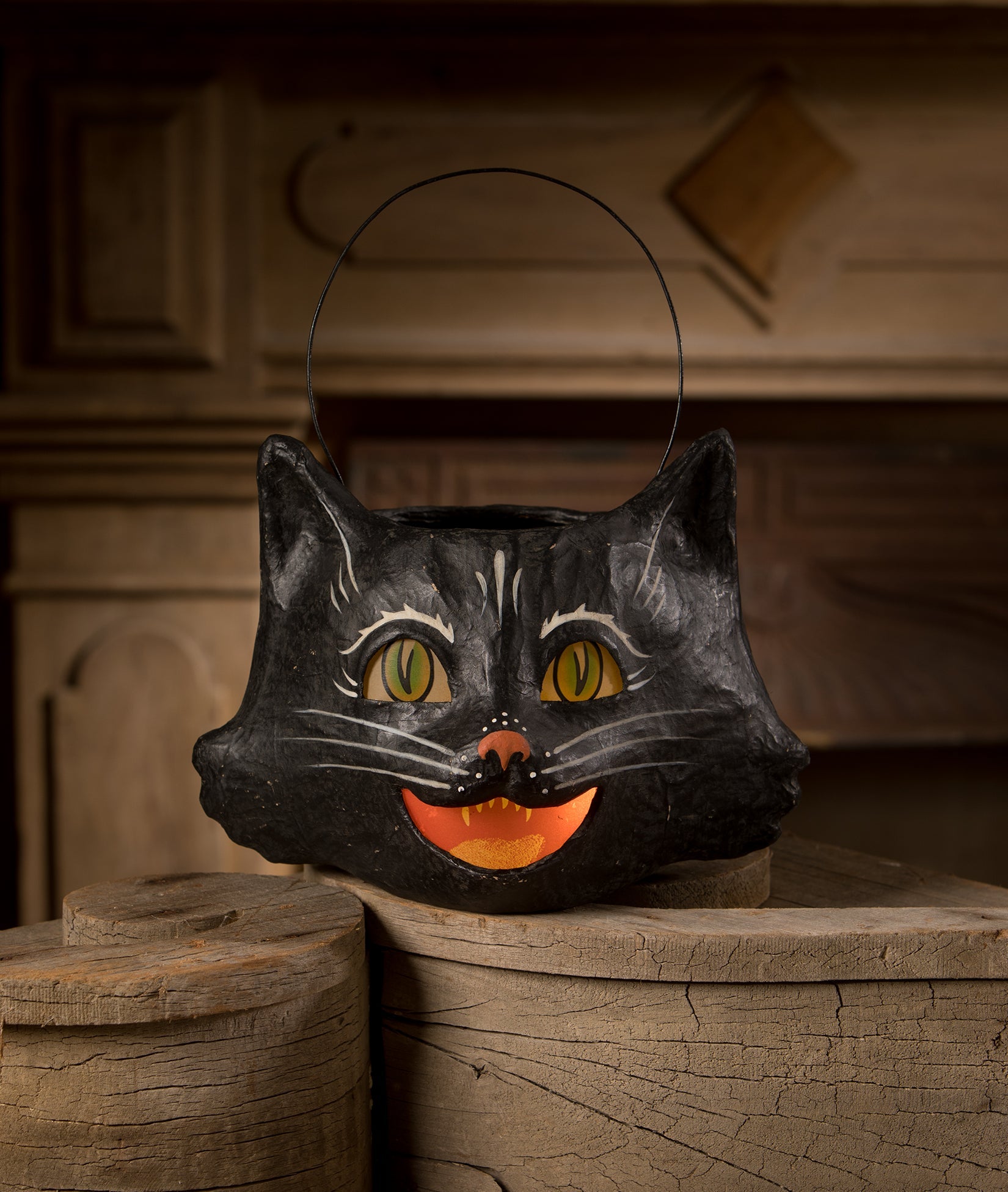 "Amusing Black Cat Bucket, Paper Mache"