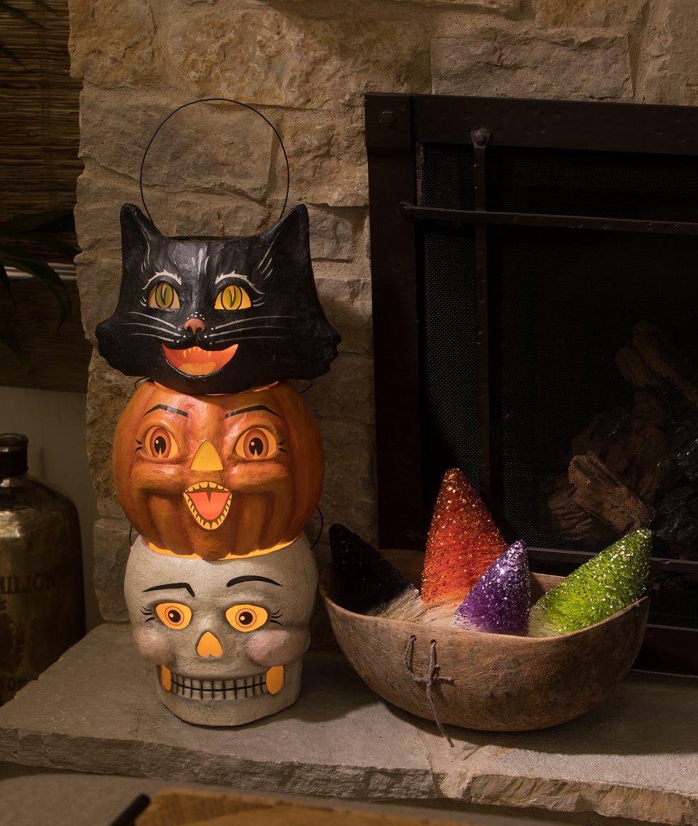 "Amusing Black Cat Bucket, Paper Mache"
