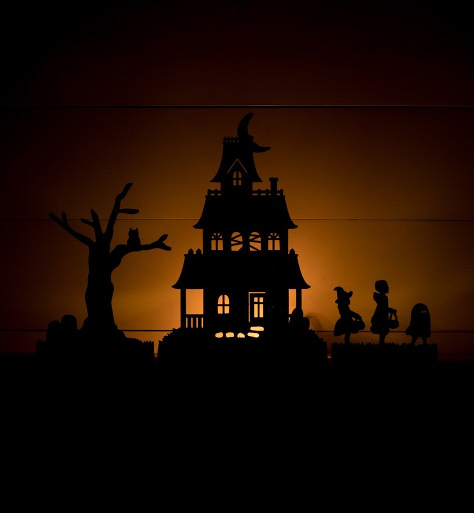 "Halloween Haunted House with Trick-or-Treaters, Silhouettes"