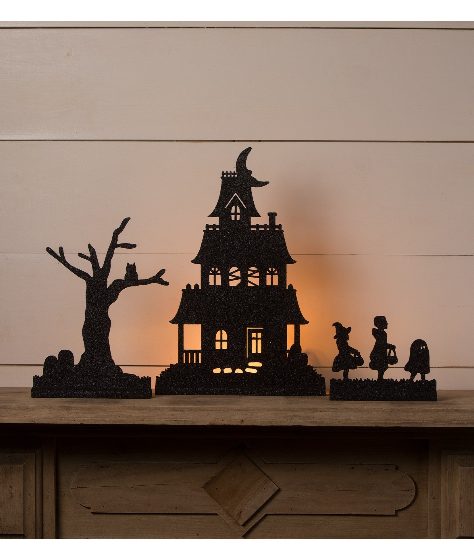 "Halloween Haunted House with Trick-or-Treaters, Silhouettes"